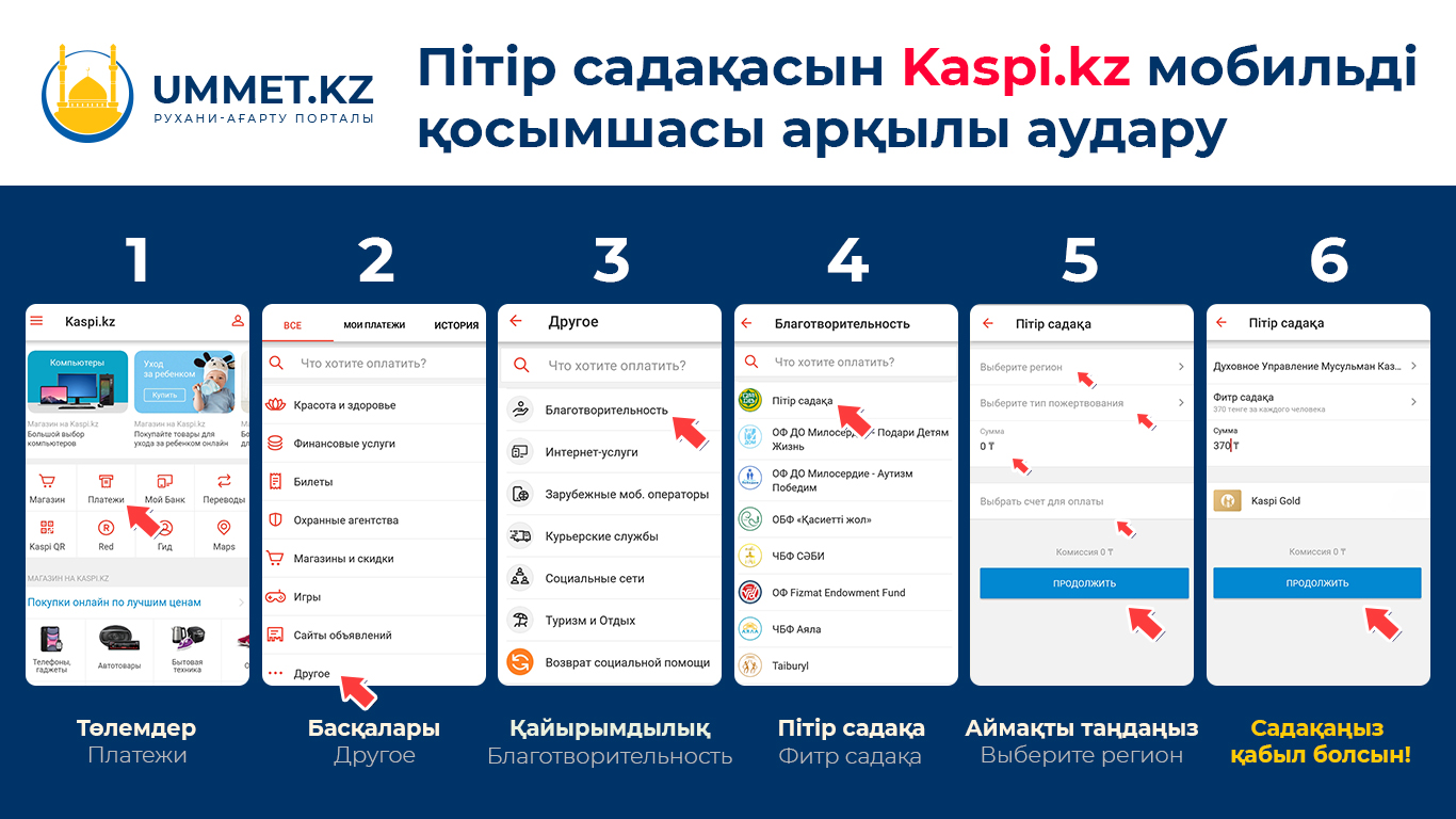 Пітір садақасын KASPI.KZ мобильді қосымшасы арқылы қалай аударамыз?